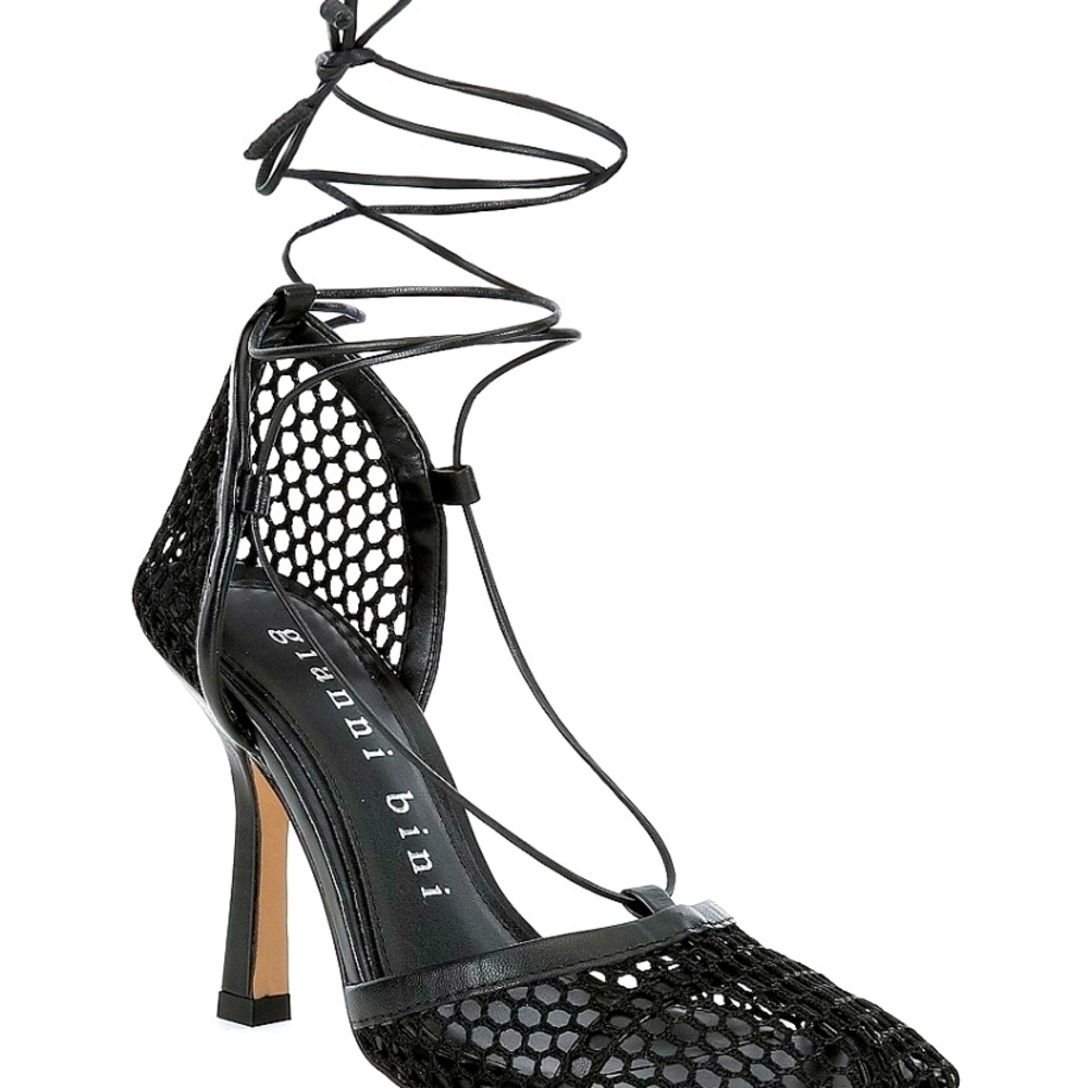 New Gianni Bini Reagan Mesh & Leather Ankle Wrap Black Shoes 6 M